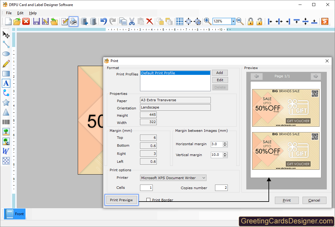 Card and Labels Print Preview